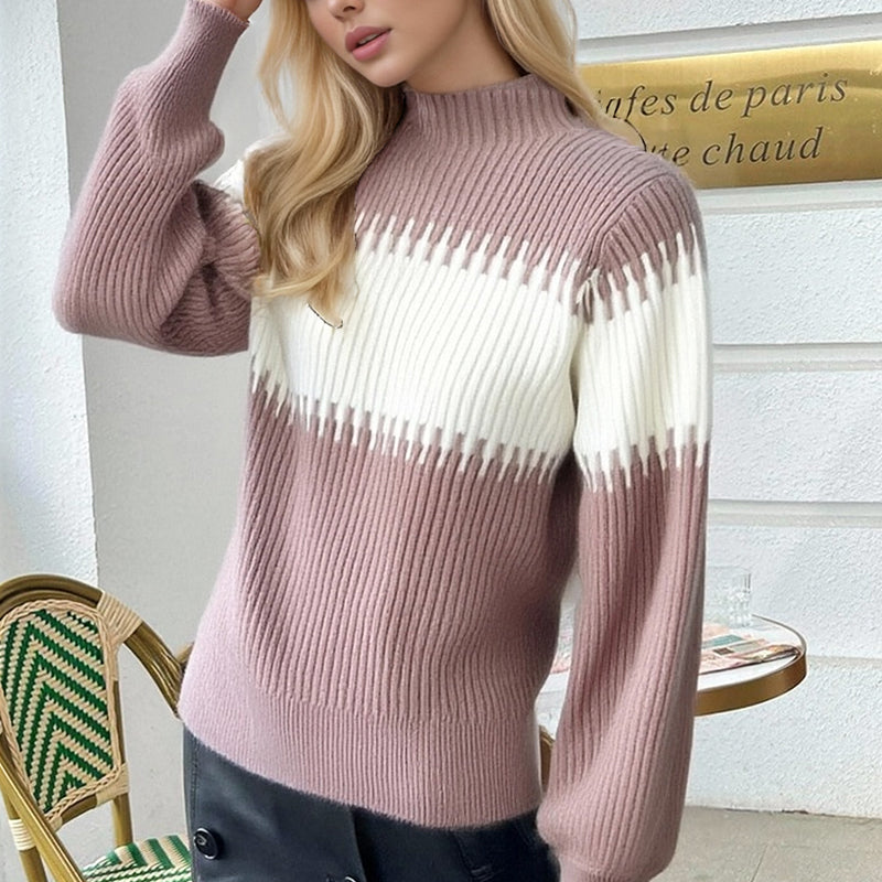 Women&#039;s Blouses & Shirts Women&#039;s Semi - Turtleneck Knit Sweater - Elegant Pink & White Gradient Striped Design AS-2548