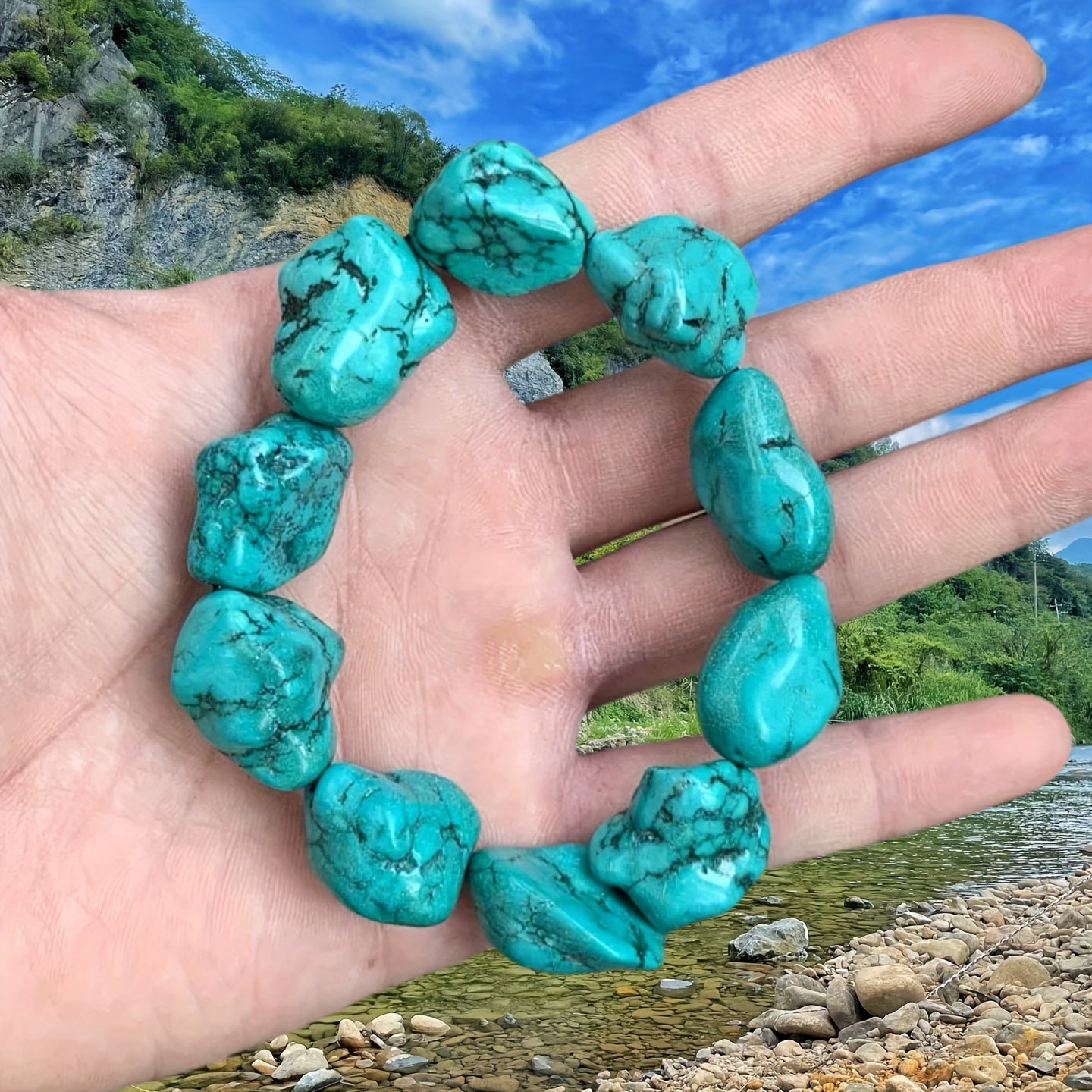TEMU Men's Natural Turquoise Bracelet - Irregular Stone Beads, Vintage Style Casual Jewelry For Casual Attire & Parties, Unique Gift For Valentine's
