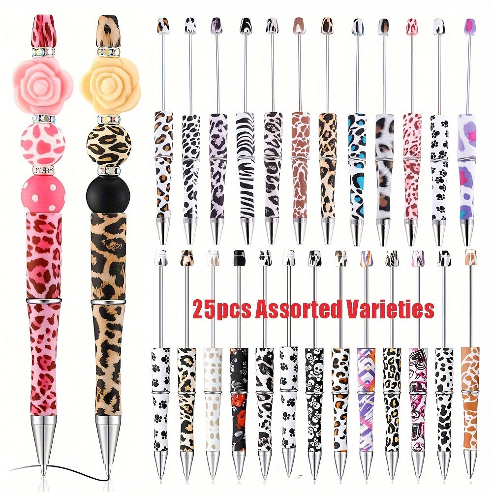 TEMU 25pcs Animal Print Plastic Beadable Ballpoint Pens Bulk Diy Crafting Leopard Cow Print Pens With Black Ink For Teachers Gifts School Office