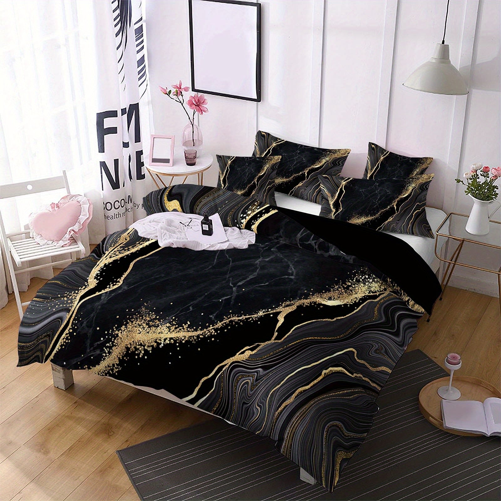 TEMU Marble Duvet Cover Queen Size Teal Marble Bedding Set Black Texture Abstract Bedding Comforter Cover(teal,queen)