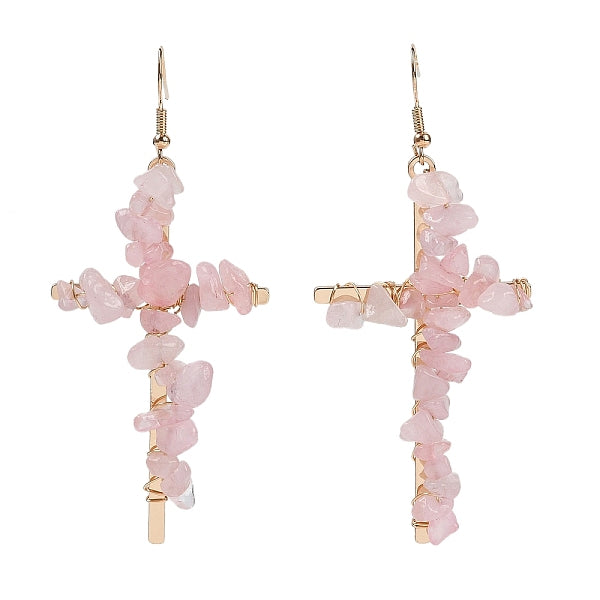 Boucles d'oreilles pendantes en quartz rose naturel