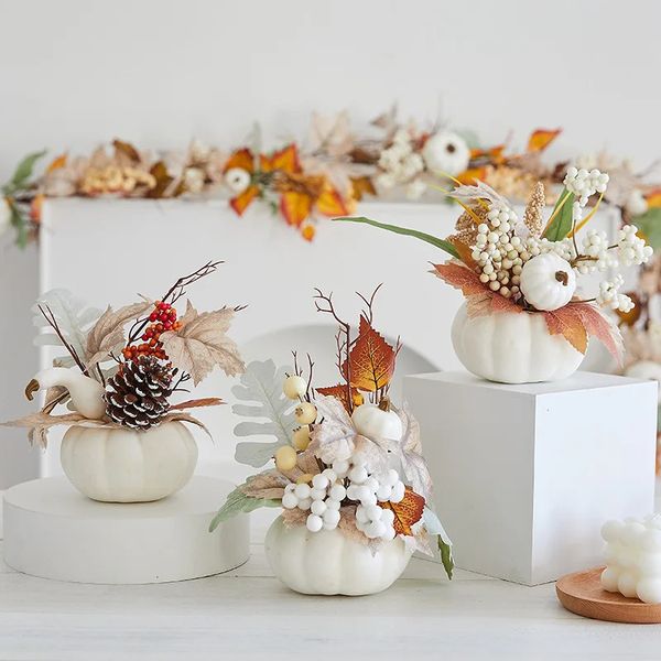 YeeNanee 3 pieces of white pumpkin Potted plants with berries and maple leaves used for central decoration on autumn Thanksgiving family din