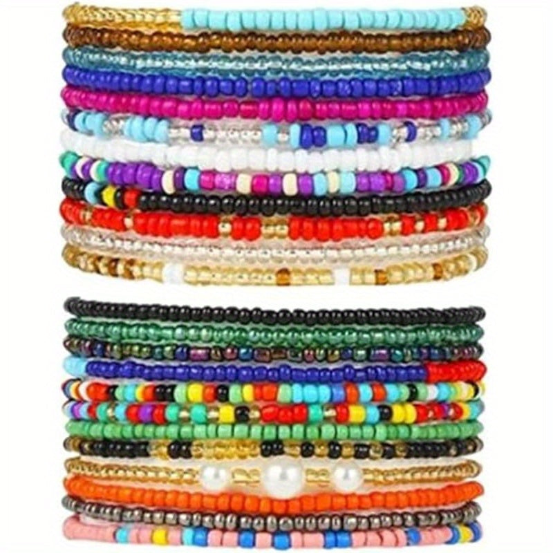 TEMU 24pcs Handmade Bohemian Beaded Anklets For Women - Colorful Multicolor Seed Beads, Elastic Stretch Foot And Hand Bracelets, Vibrant Boho Jewelry