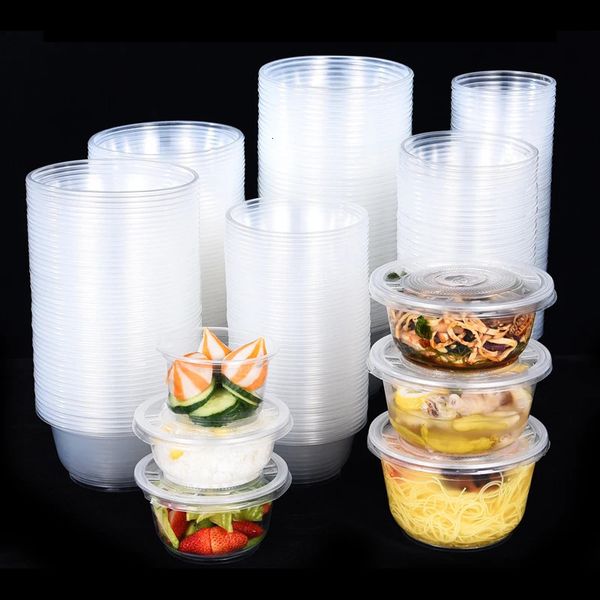 Disposable Take Out Containers 50Pcs Round Bowl Microwave oven Clear Kitchen Noodle Soup Plastic with Lids 231212