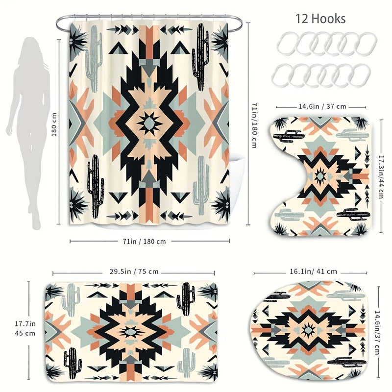 TEMU 1-4pcs Bathroom Set, Waterproof Barrier Multifunctional Shower Curtain With 12 Hooks, Non Slip Bathroom Floor Mat, Toilet U-shaped Mat, Toilet