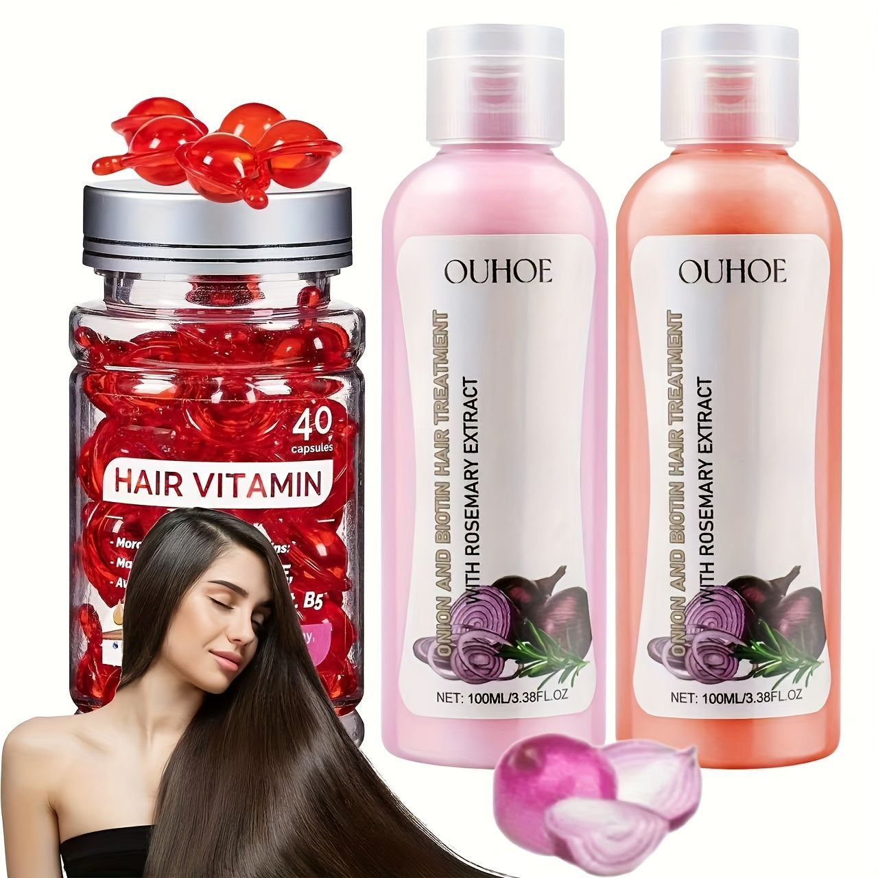 TEMU 1set Onion Biotin And Rosemary Shampoo & Conditioner Set And Hair Vitamin Serum Capsule, No Rinse With Moroccan Macadamia Moisturizing Oil