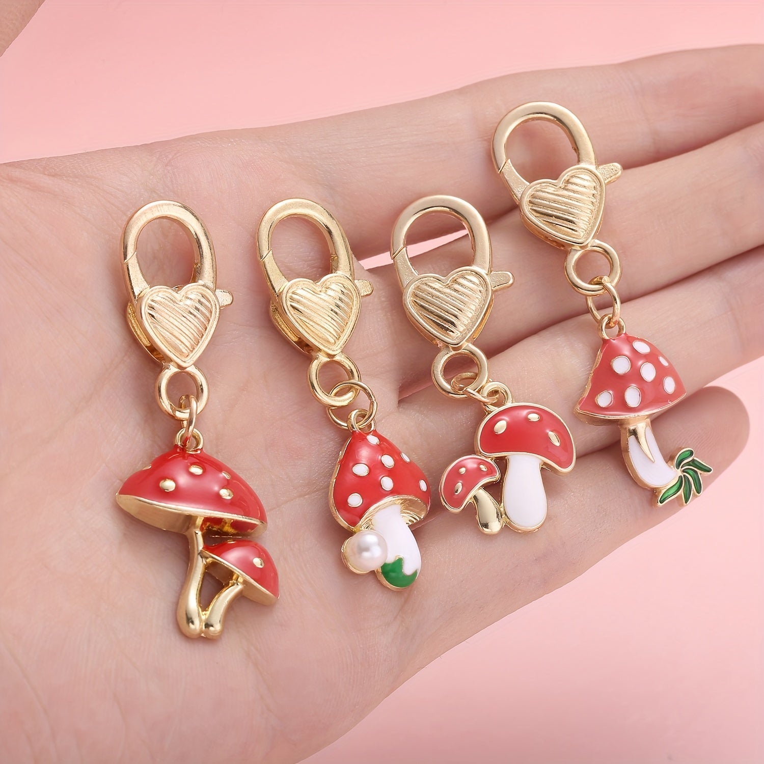 TEMU 4pcs Enamel Mushroom Charm Keychain Pendants With Heart Lobster Clasp, Alloy Stitch Marker Key Ring Findings For Knitting, Weaving, And Sewing