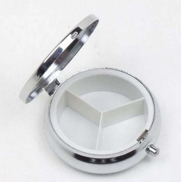 200pcs Metal 3 Grid Pill Box boxes Organizer Medicine Organizers Container Case Round Jewellery Storage Pocket Portable Silver Color