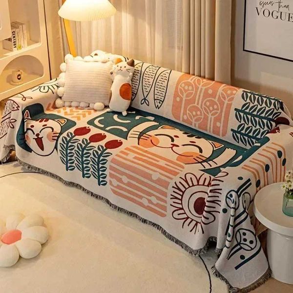 Cartoon sofa cover dual-purpose bedding blanket throw blanket picnic mat sofa bed with tassel universal decoration Y241022