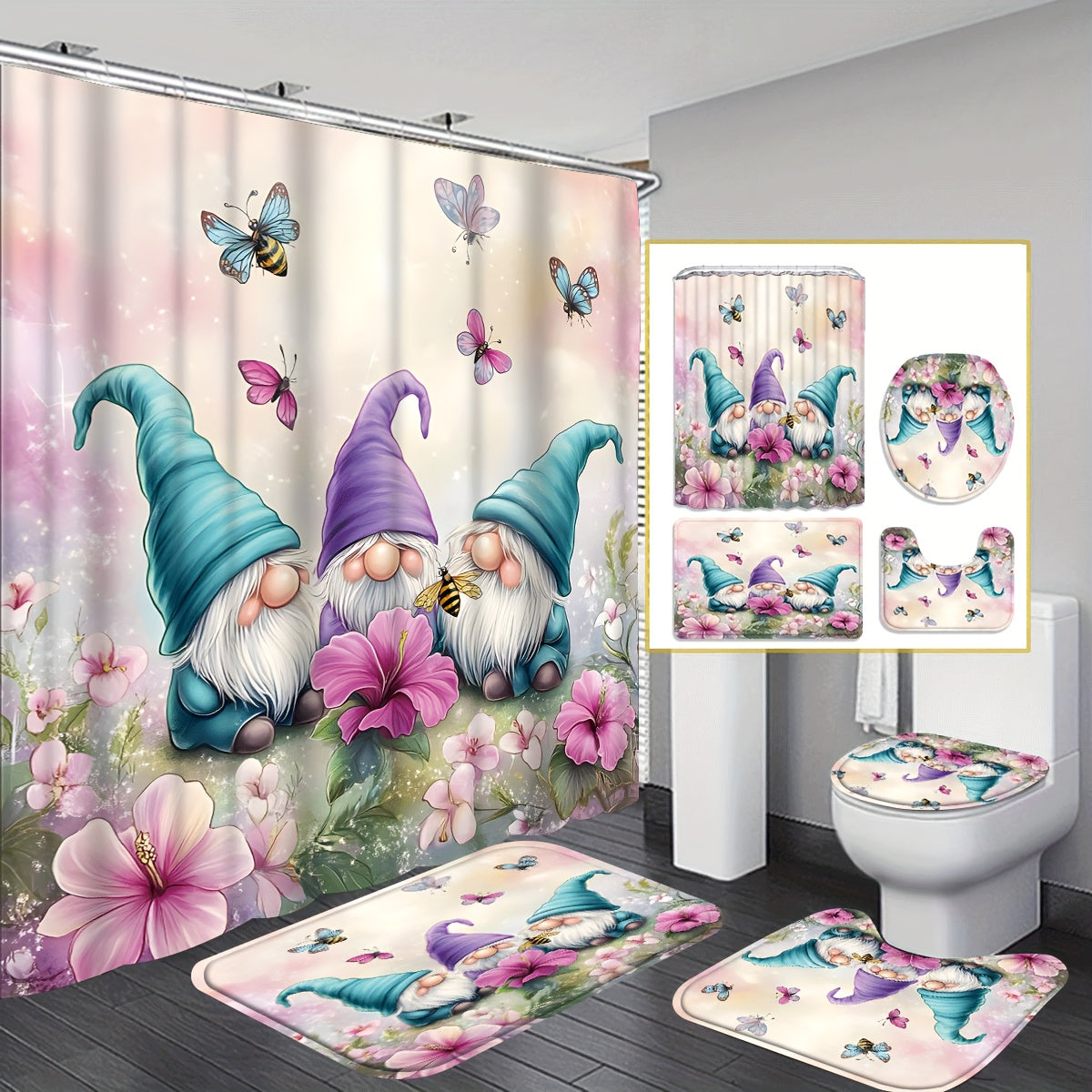 TEMU 4pcs Gnomes Shower Curtain Sets With Rugs, Bathroom Shower Curtain Set With Rugs, Toilet Lid Cover And Bath Mat, Modern Bathroom Decor With Bath
