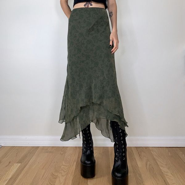 Skirts Fairycore Grunge Green Irregular Midi 2000S Retro Elegant Lady High Waist Ruffles Chiffon Skirt Women Vintage Streetwear 230110