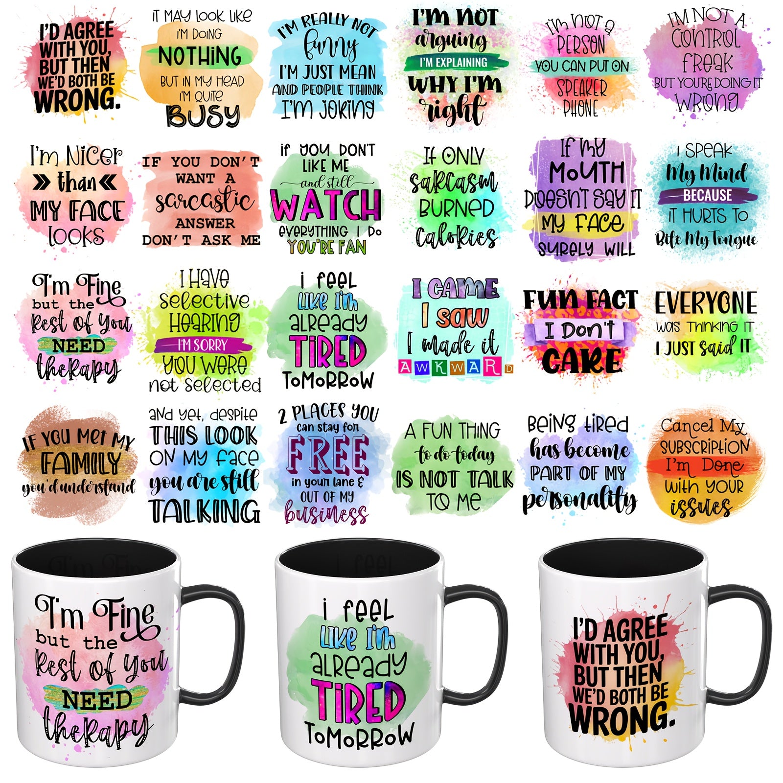 TEMU 24pcs Chnvick Uv Dtf Transfer Sheets - & Slogan Cup Wraps, No Heat Press- Shrink Wrap, 3d Glossy- Matte Diy Iron-on Decals For Mugs, Laptops,,