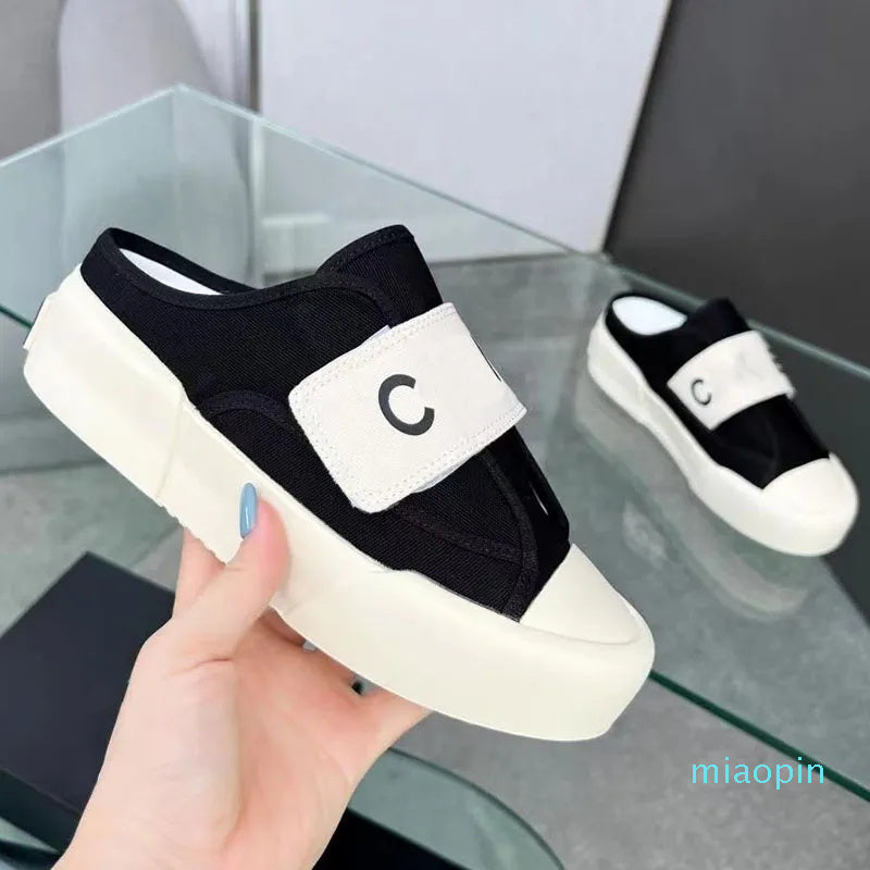 Womens Slip On Slippers Designer Platform Heels Canvas Sandals Ladies Slides Classic Retro Black Slip On Luxurys Outdoor Casual Shoe Large Size 41