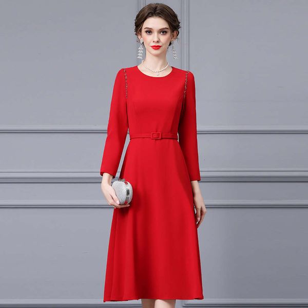 Smart and Noble Light Luxury Temperament Red Diamond Studded Belt Waist Cinching Long Sleeved A-line Big Swing Dress 2024 Autumn New Item Ov