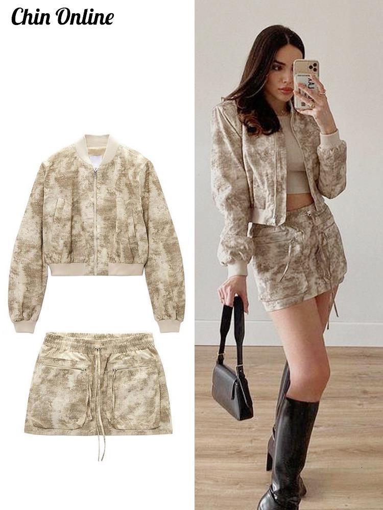 Two Piece Dres&#039;s Bomber Jacket Set Mini Skirts Short Flying Coat Sets 2023 Vintage Long Sleeve Zipper Female Outerwear Chic Coats 230609