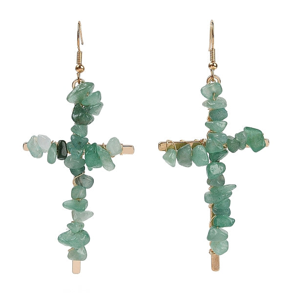 Boucles d'oreilles pendantes en croix avec aventurine naturelle