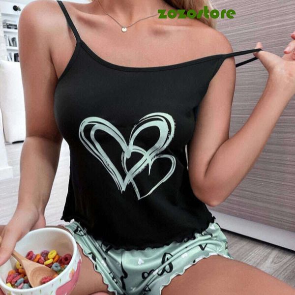 Heart Print Lettuce Women Pajama Set Sleeveless O Neck Top & Shorts 2 Pieces Female Sleepwear Summer Nightwear Homewear Cloth Af