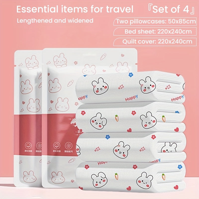 TEMU Double Bed 4pcs Set Of Disposable Bedding, Or 4pcs Bath Towel Set, Thick Non- Fabric, With A Cover, Sheet And 2 Pillowcases. Travel Bedding Set