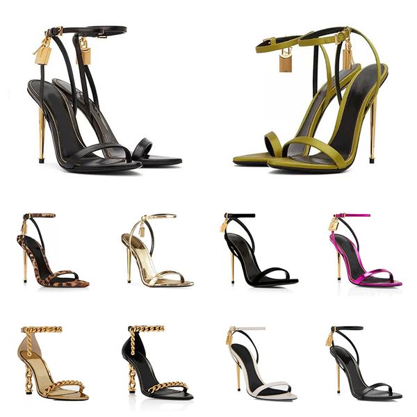 Luxury Brand Pointy Lock Stiletto Shoes Padlock Naked Sandals Designer heels Hardware heel Metal Women Heel Party Wedding heels Sandals