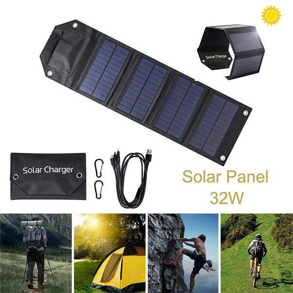 Chargers 32W Solar Panel Foldable 5V USB Energy Cell Charger Folding Waterproof Outdoor Mobile Power Battery 231030