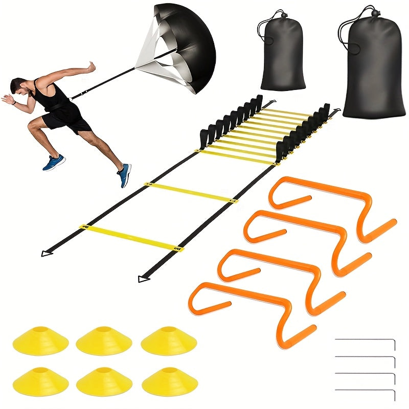 TEMU Speed & Agility Ladder Training Equipment Set, Includes 20ft Agility Ladder, 4 Agility Hurdles, 12 Disc Cones, 1 Resistance Parachute For