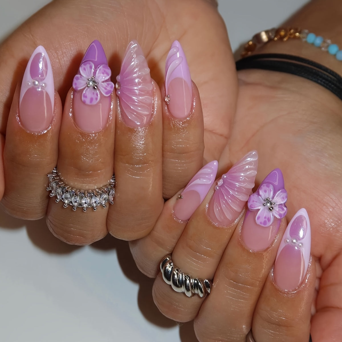 TEMU 24pcs Purple 3d Flower & Glitter Almond Shaped Long Press-on Nails With Glossy Finish, Mixed , Includes Nail File & Jelly Glue For Daily Wear -