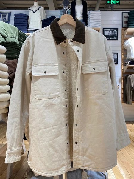 Vintage Lambhair Thick Warm Jacket Women Autumn Patchwork Turn Down Collar Pockets Button Coat Tops Cotton Loose Denim Outerwear 240827