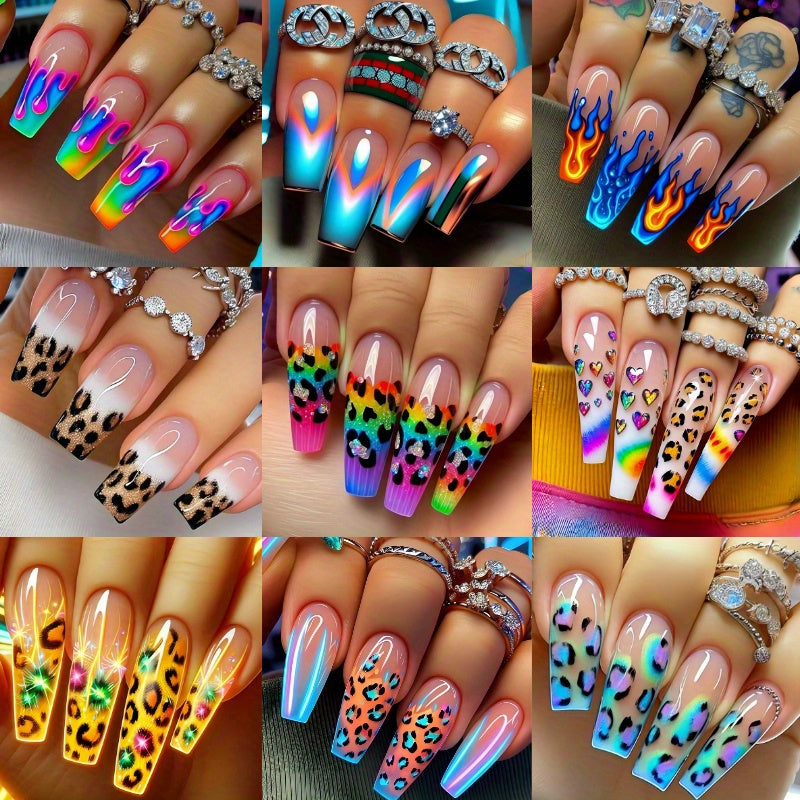 TEMU 216pcs (9 Pack) Brown, Blue, Yellow, And Colorful Glossy Ballet Medium Length Reusable Fake Nails With Leopard Print, Flame, And Heart-shaped