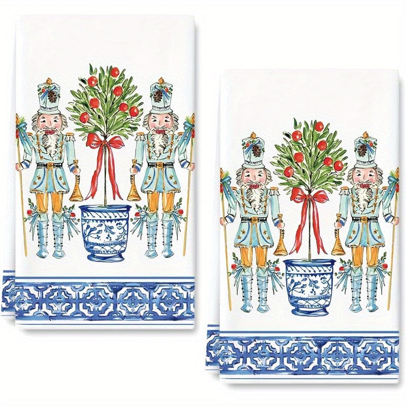 TEMU 2pcs Christmas Nutcracker Kitchen Towels - 18x26 Inch Polyester Dish Cloths With Nutcracker Soldier Design, & Red Ribbon Bow - Machine Washable