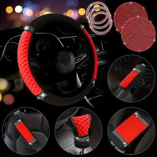 10pcs Sparkling Faux Diamond PU Leather Car Accessories Set Including Steering Wheel Cover Center Console Armrest PadT250121
