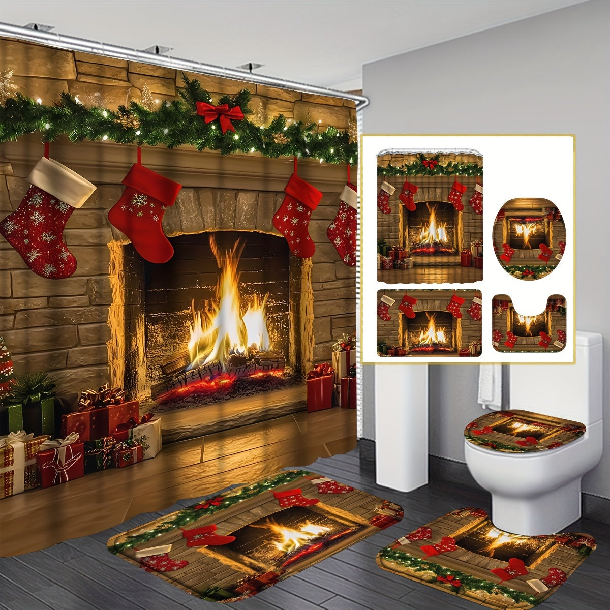 TEMU Christmas Fireplace Theme Shower Curtain Set, 4pcs Shower Curtain With Non-slip Bathroom Rug, Toilet Mat, Toilet Lid Cover Pad, Christmas Theme
