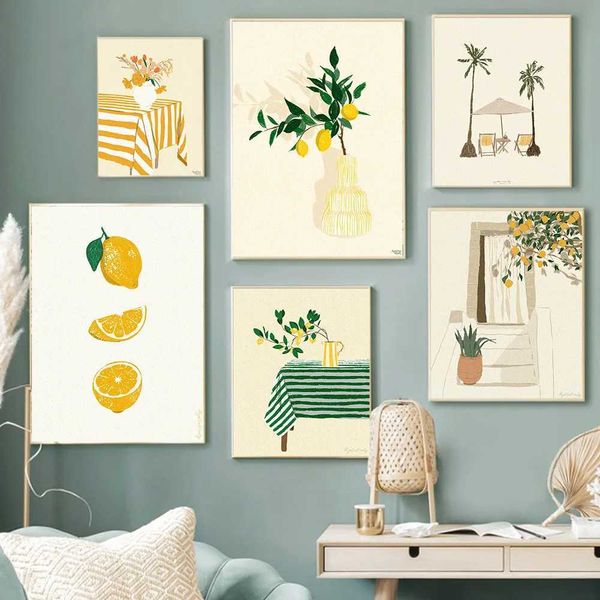 Fruit Lemon in Vase Wall Art Canvas Painting Nordic Posters and Prints Holiday Summer Under the Palms Pictures Living Room Decor M241216