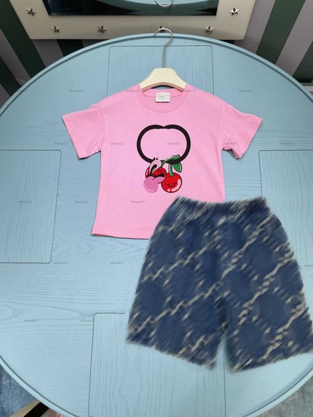 Luxury child tracksuits Summer baby Two piece set designer kids clothes Size 100-160 CM Round neck T-shirt and Mesh printed denim shorts