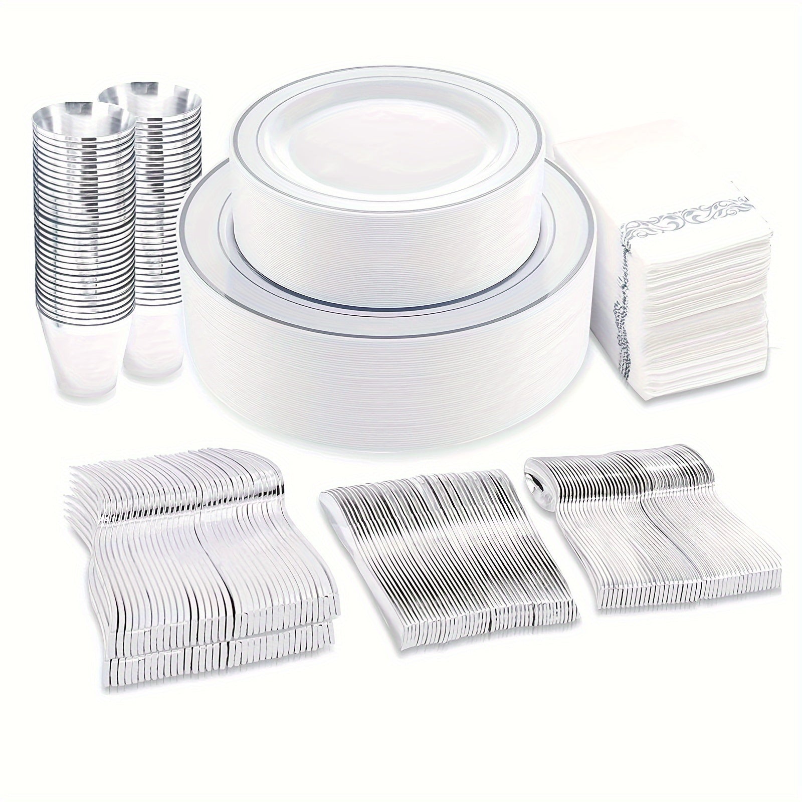 TEMU 800pcs Silvery Plastic Dinnerware Set For Guests, Silvery And White Plastic Plates, Party Plates Disposable, Silvery Plastic Cutlery, Silvery