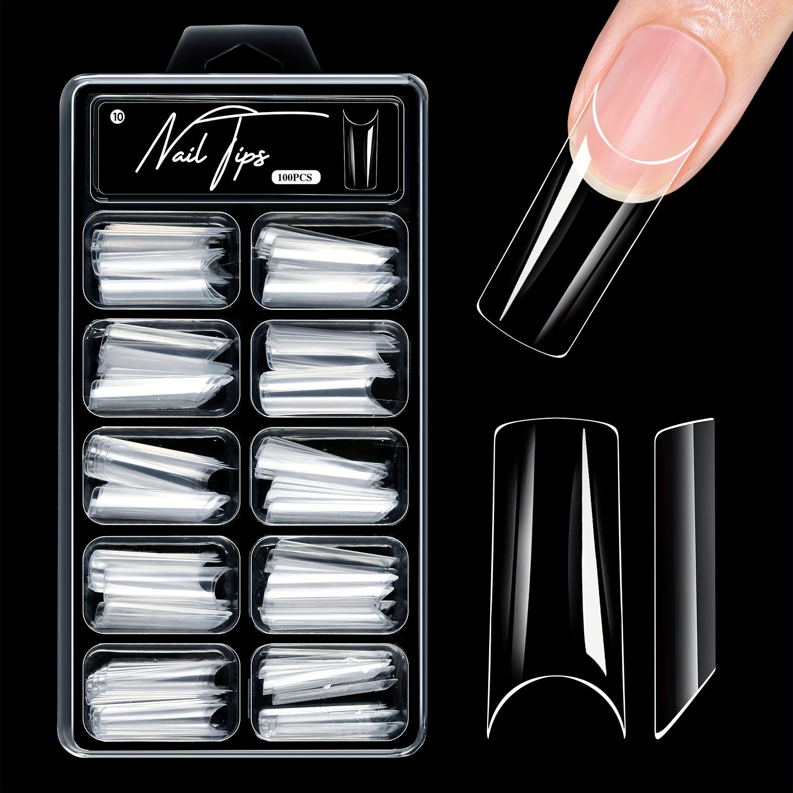 TEMU 100pcs Scratch- Art Stickers - Long Square Glossy Press-on Nails, Full & Half Dual-use Transparent Nail Extensions With Geometric- For , Nail