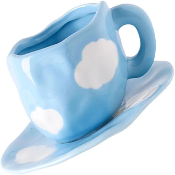 Exquisite Handmade Vintage Blue Sky White Cloud Ceramic Coffee Cup and Sauce Set - Beautiful and Unique Handmade Design 240929
