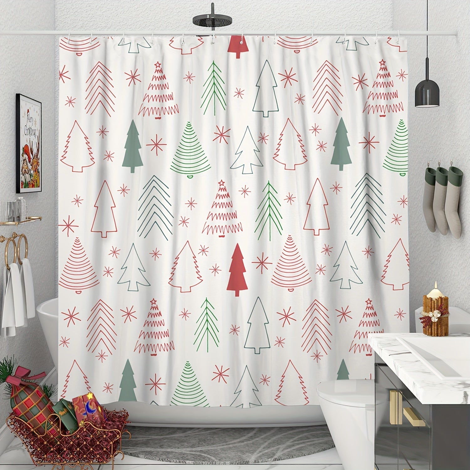 TEMU 1pc Christmas Tree Red And Green Christmas Shower Curtain, Christmas Modern Curtain, Polyester Fabric 180×180 Cm-72"×72" Decorative Shower
