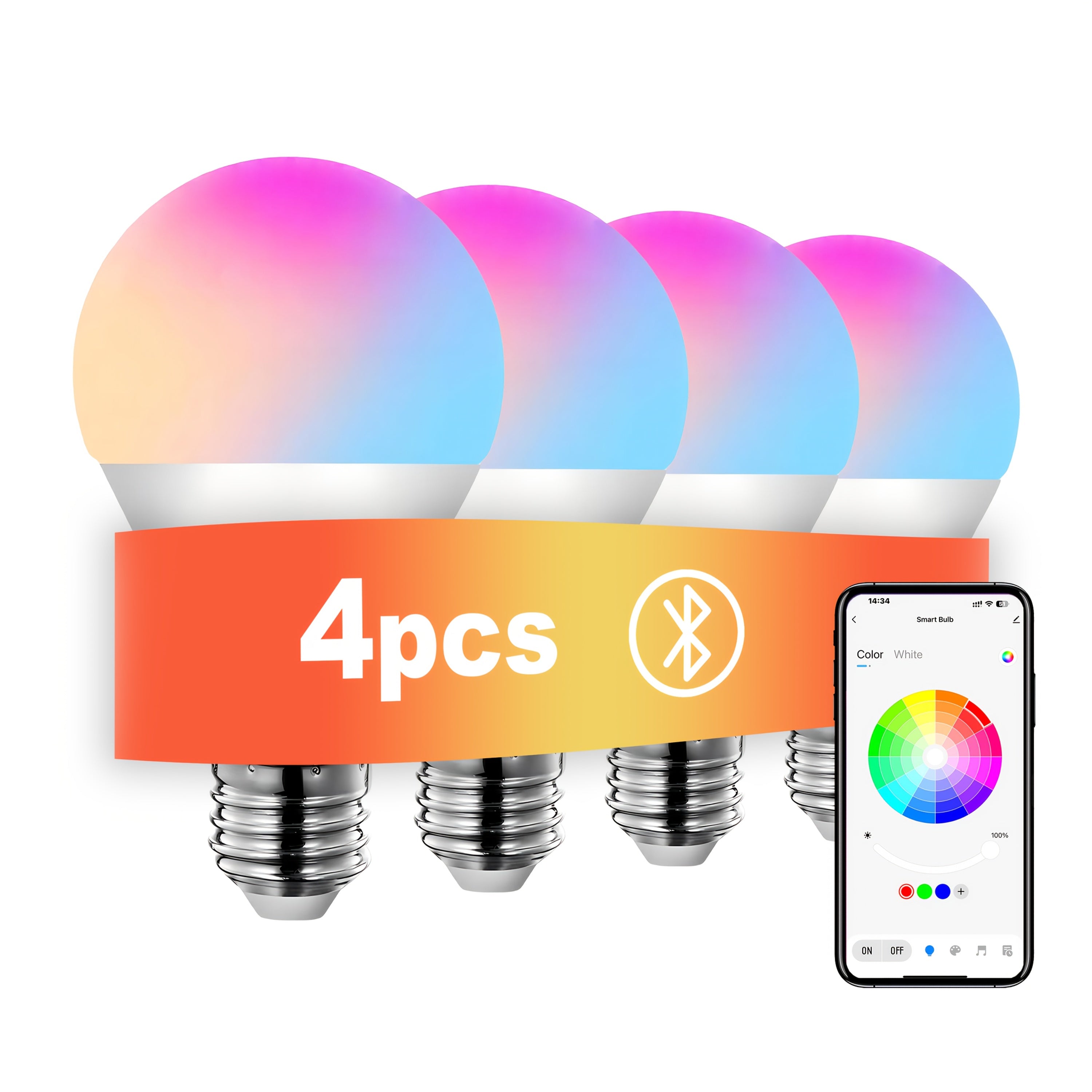TEMU 4pcs, Wireless Rgbw Smart Bulbs, Group Control, Scene, Timing Switch, Dynamic Scene Switching, Music Rhythm, Adjustable Brightness, Color And