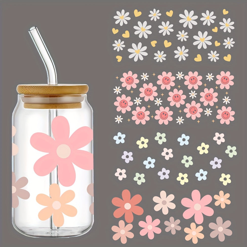 TEMU 4pcs-set Retro Daisy Uv Dtf Cup Wraps Decals Transfer Printing Waterproof Self-adhesive Stickers For Mug Water Bottle Cup, Dtf Transfer Sticker