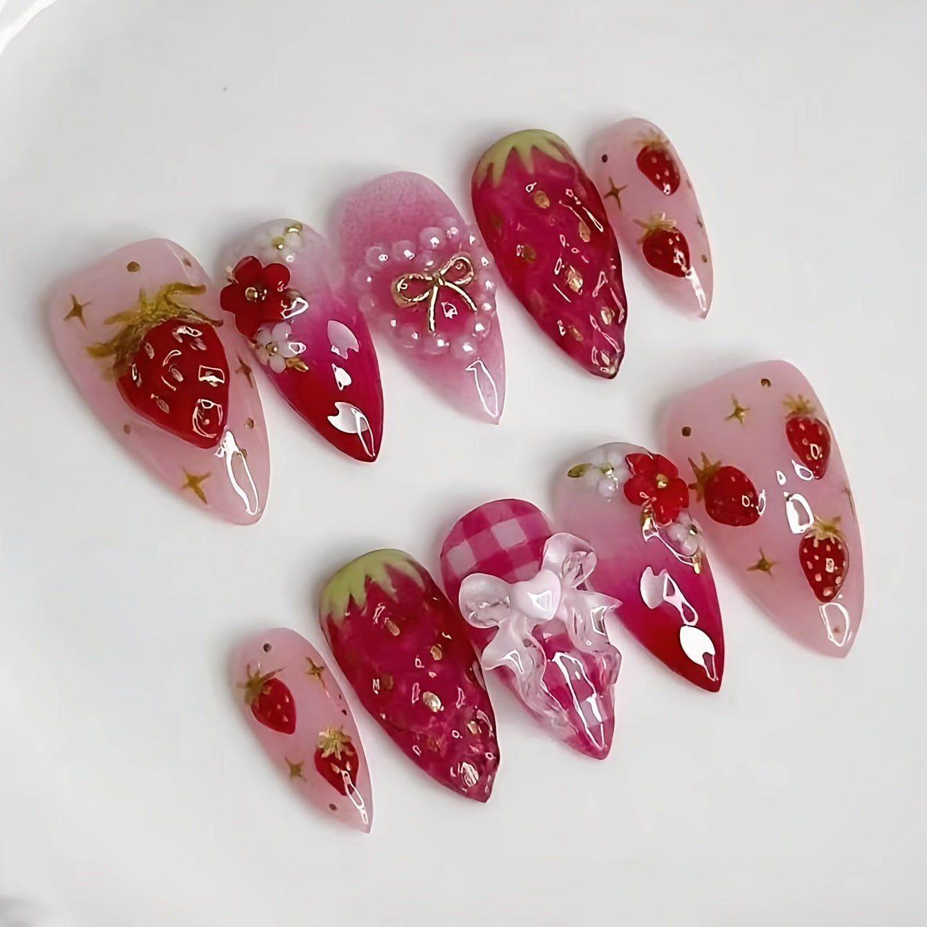 TEMU 24pcs Strawberry Heart 3d False Nails - Almond Shape Medium Length, Removable Gel Nail Patches With Glossy Tip & Matte Base, Pink & Design With