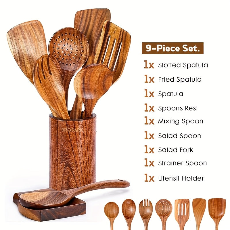 TEMU 8pcs-9pcs Premium Wooden Kitchen Utensils Set - High-quality, Durable, And Heat Resistant Wooden Spoons, Spoon Rest, Utensils Holder And Wok