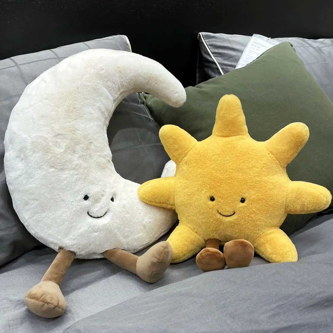 Adorable Smile Face White Moon Yellow Sun Plushie Stuffed Cute Cartoon Weather Plush Toy for Kid Bedroom Decor Sofa Throw Pillow Y240801