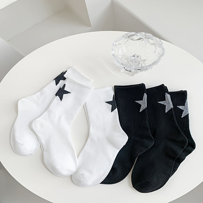 TEMU 6 Pairs Women's Mid-calf Socks With Black & Patterns - Soft, Breathable, Machine Washable, Casual Attire, Casual Socks | Star Pattern Socks |