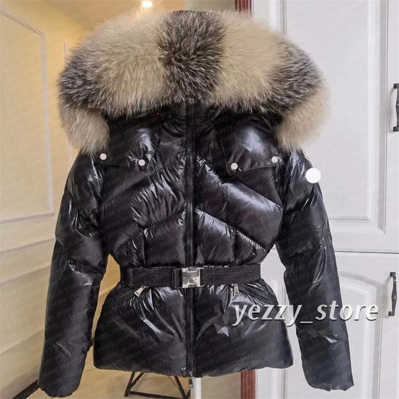 Designer Winter Women&#039;s down Jacket Fox Fur collar Embroidered Boed badge Warm Fashion Jacket with Belt Women&#039;s cotton coat with large poc
