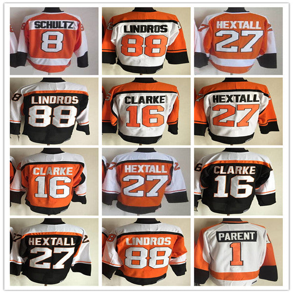 Men CCM Vintage Hockey Jerseys 88 Eric Lindros 16 Bobby Clarke 27 Ron Hextall 1 Bernie Parent 8 Dave Schultz Stitched Retro Uniforms Black Orange Wh