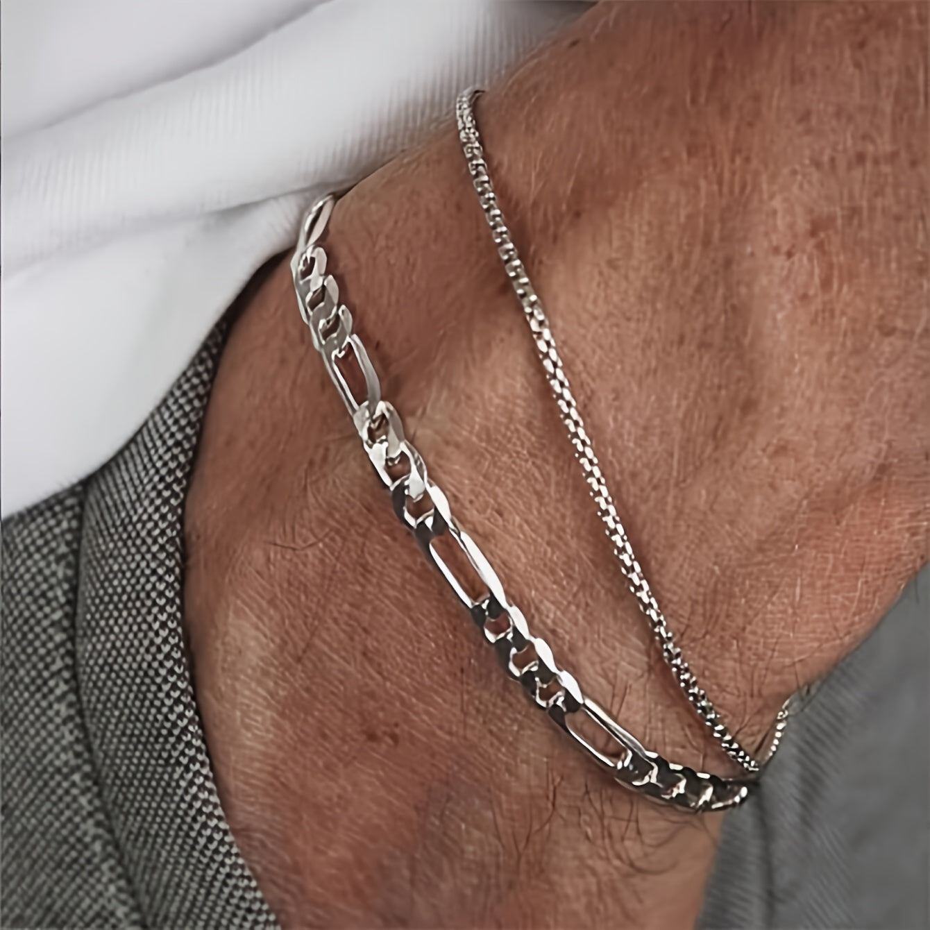 TEMU 2pcs Stainless Steel Chain Bracelet Set For Men - Minimalist Interlocking , Durable & Stylish For Daily Wear, Casual Attire, Everyday Jewelry,