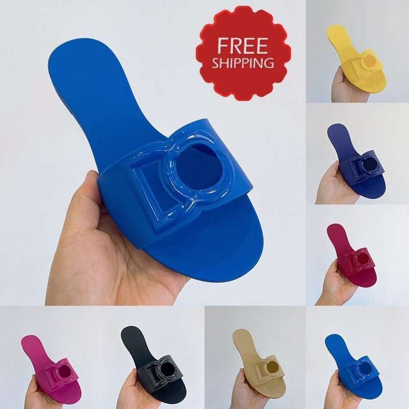 Designer Sandals For Women Flat Heels Rubber Mules Pure Black Blue Womens Ladies Slippers Slides Summer Luxe Sandles Room Shoes claquette femme 35-4