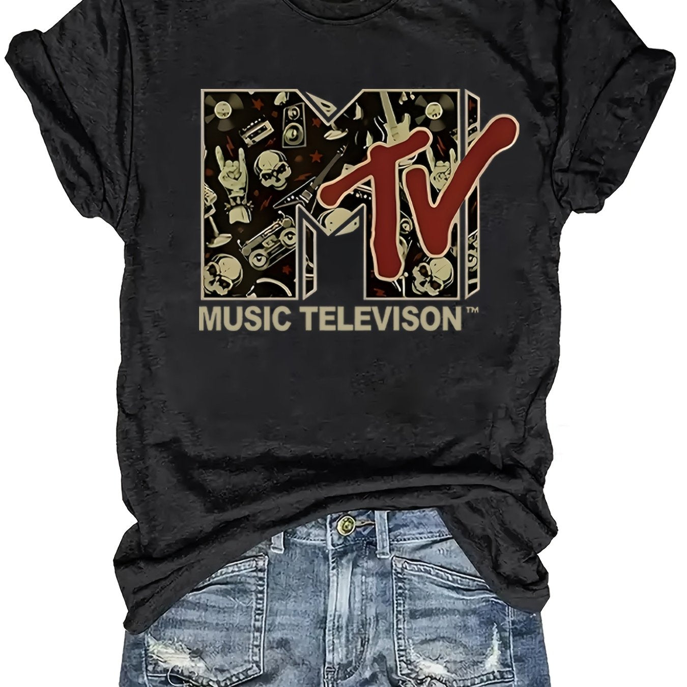 TEMU Women's Mtv Logo Cropped T-shirt - Retro 80s Iconic Logo & Iconic Music Symbols ( Face, Lips) - Casual Short Sleeve For Concerts, Parties &