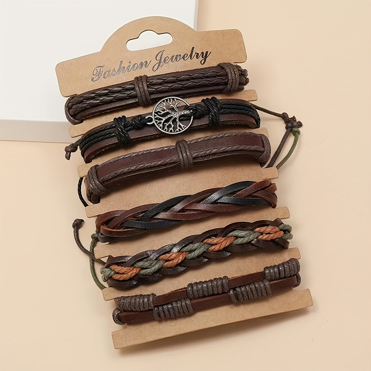 TEMU Fashionable 6pcs Set Leather Bracelets For Men, Retro Hand-woven Cowhide, Non-magnetic With Alloy Pendant, Diy Fashion Wristband, European And