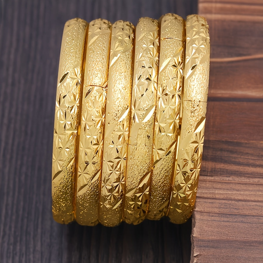 TEMU 1pc Classic Golden-tone Metal Bangle Bracelet - Intricate Geometric , Stackable Vintage Jewelry For Women, Casual Attire, Weddings & Special